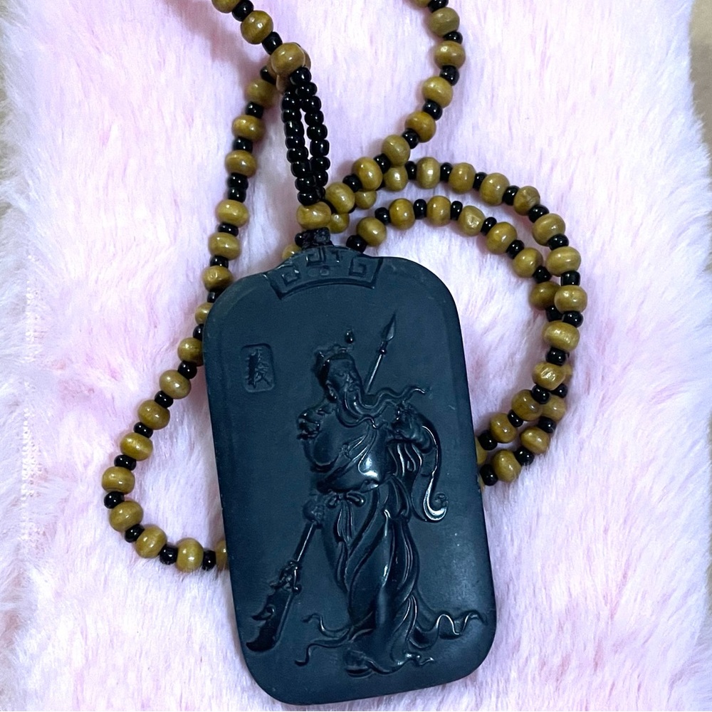 Certified Black Jade Pendant Necklace with Wooden Beads